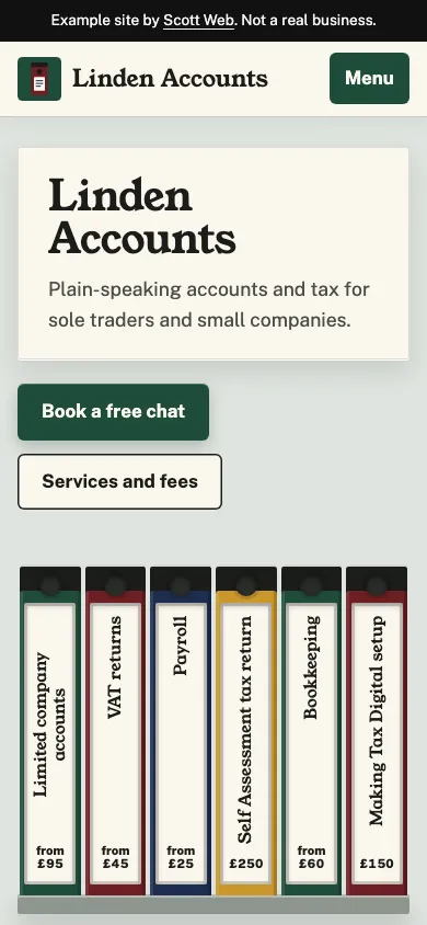 The Linden Accounts example site on a phone