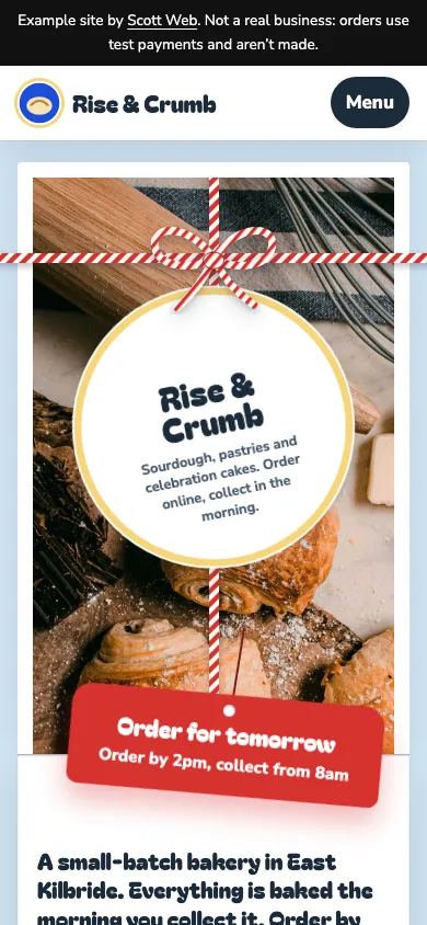 The Rise & Crumb example site on a phone