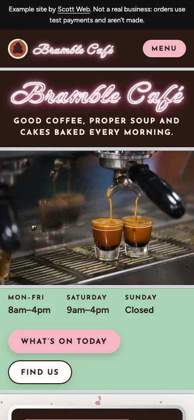 The Bramble Café example site on a phone