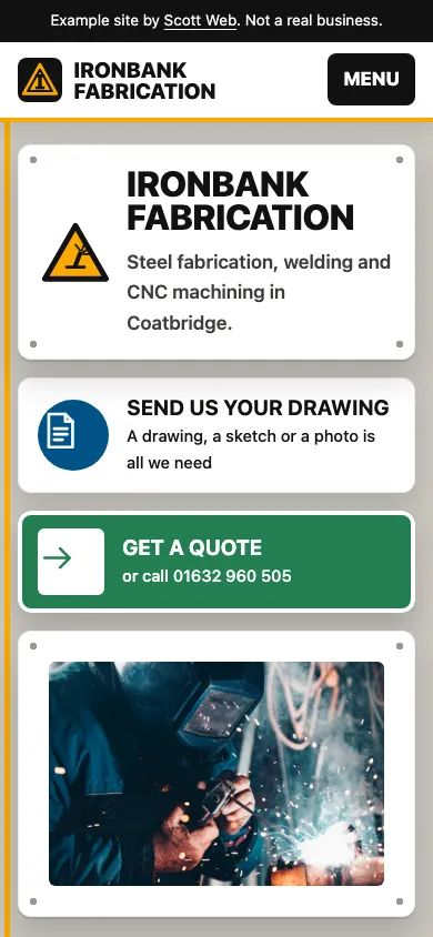 The Ironbank Fabrication example site on a phone