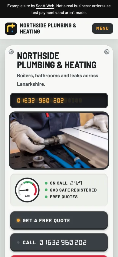 The Northside Plumbing & Heating example site on a phone